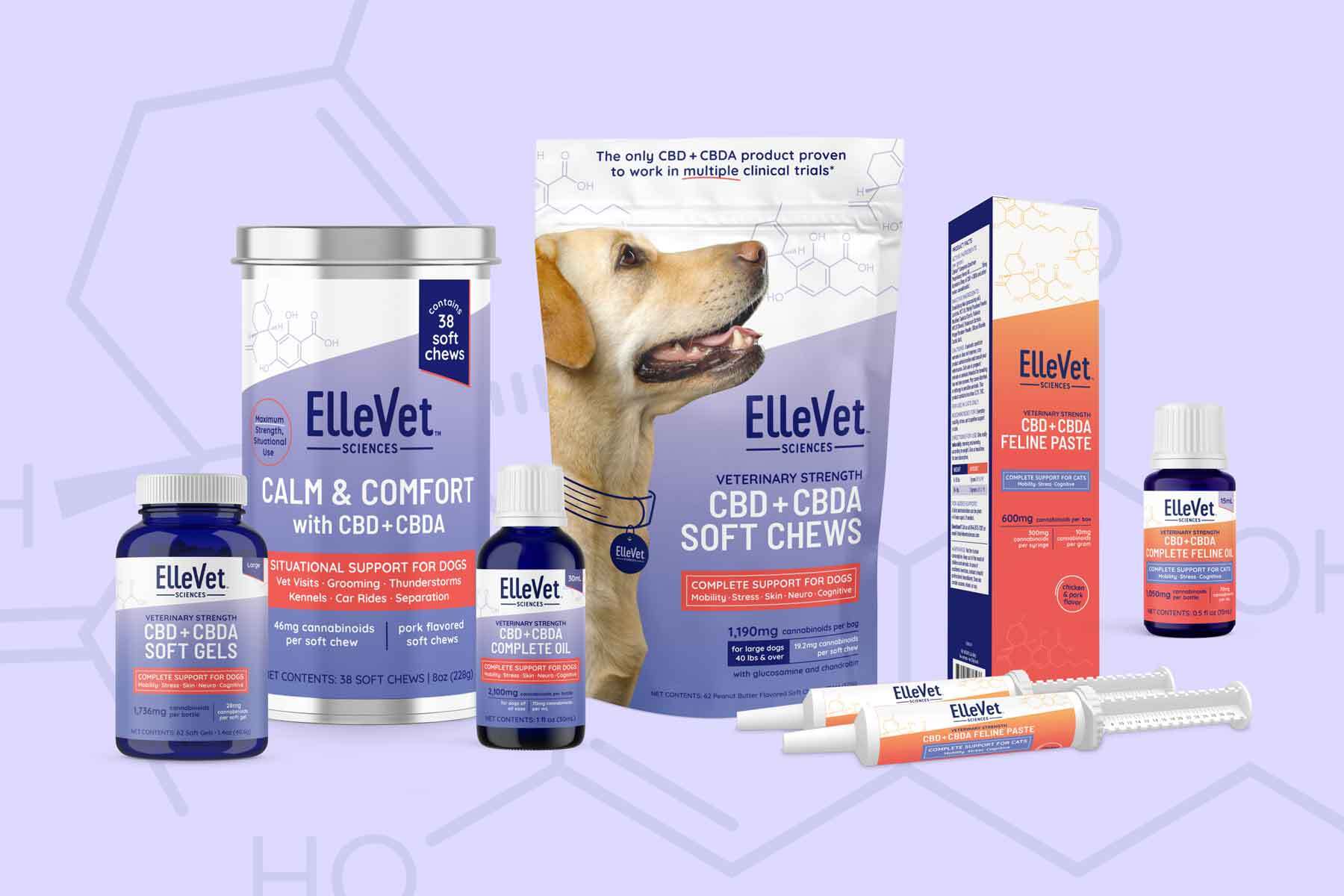 Photo of ElleVet CBD and CBDA products.